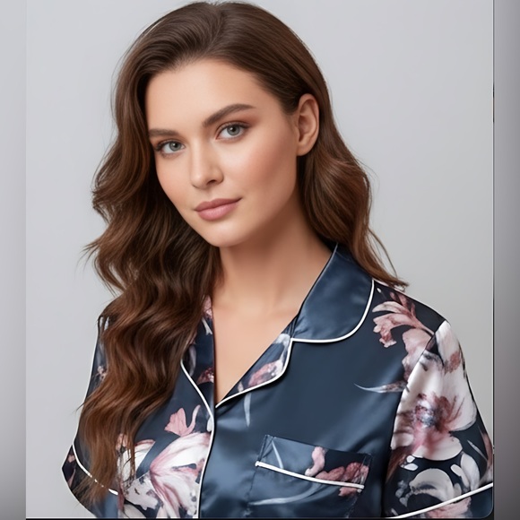 Floral Satin Pyjama Set Blue - Picture 2 of 6